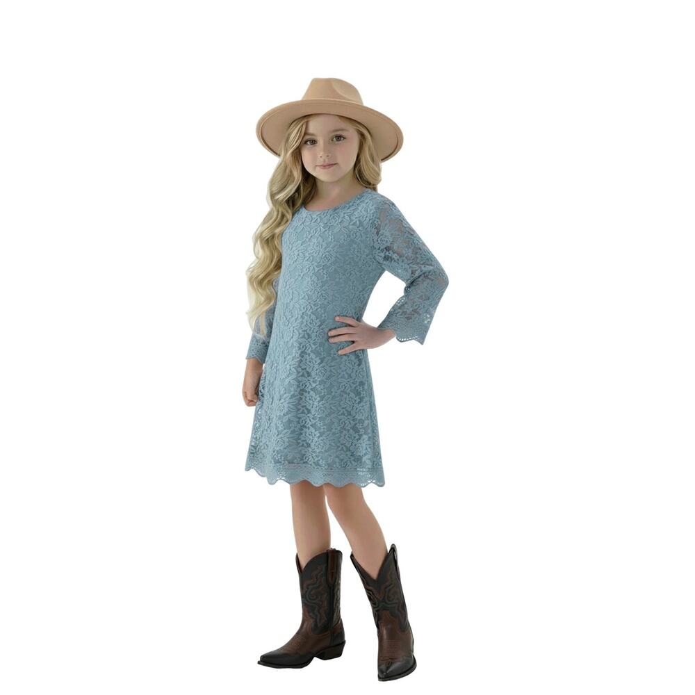 2BUNNIES GIRLS' BOHO LACE SCALLOPED TRIM SLEEVE GIRL DRESS SIZE 5T